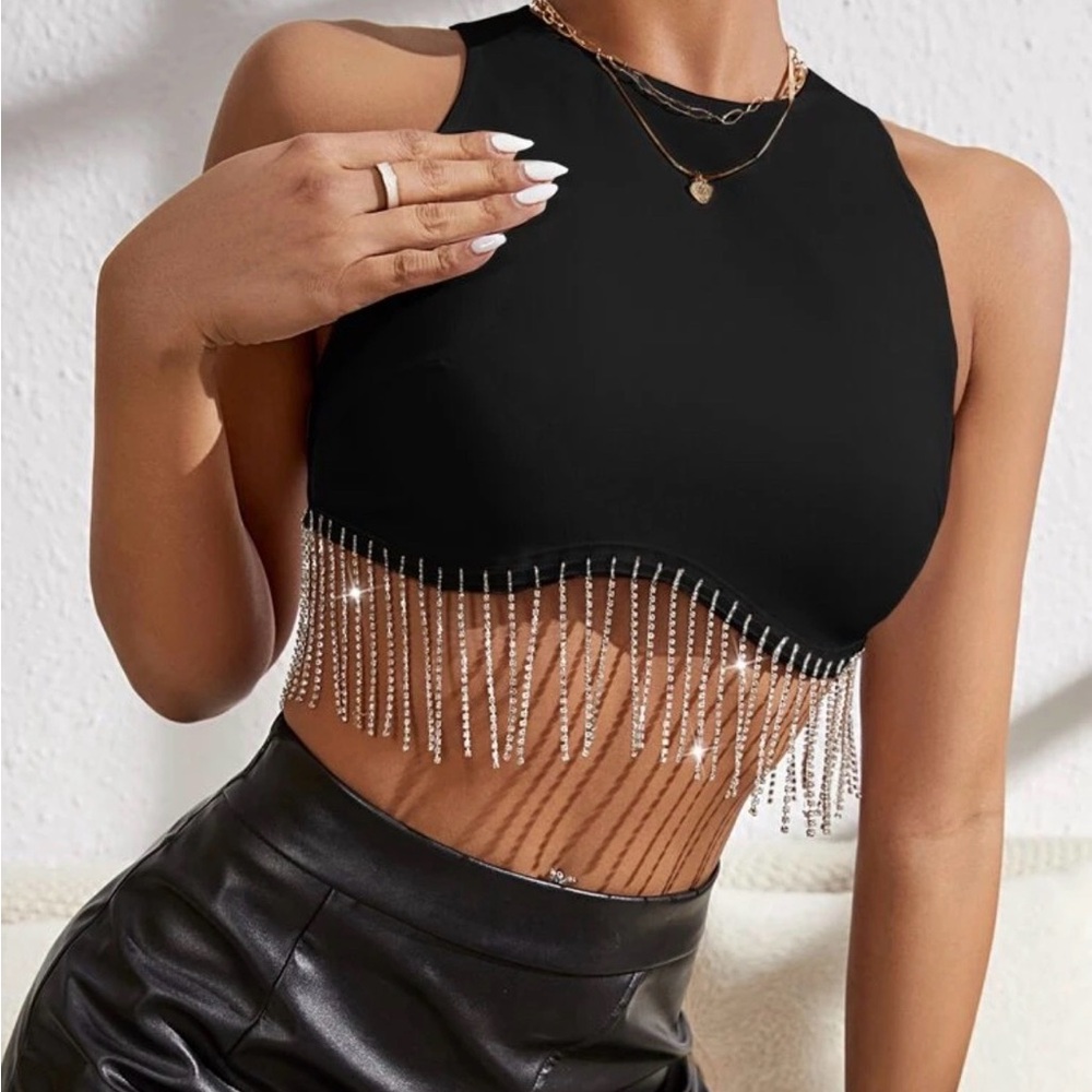 *NWT* SHEIN BAE Rhinestone Fringe Zip Back Top